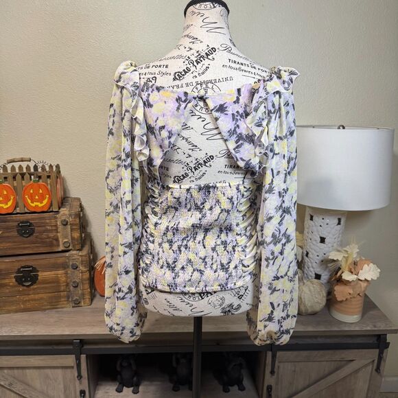 Free People Mabel Floral Tie Blouse Lilac Balloon Sleeve Sz S Boho Cottage - Picture 7 of 10